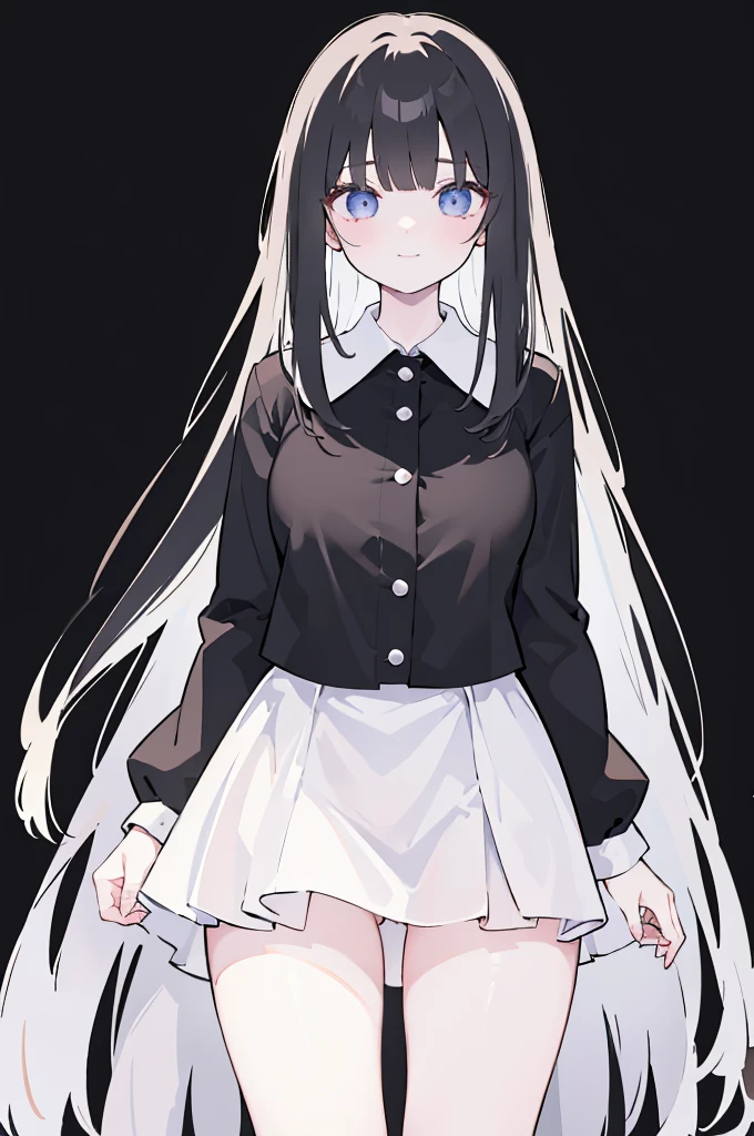 masterpiece,8K,Super detailed,best quality, (1 girl,alone), (long black hair,Straight Hair,Air bangs), (innocent,Big blue eyes like diamonds), (Medium large, fair skin), (Wearing a simple white shirt, Black panties, To show your thighs), (Has black leather collar), (Facing the audience, Stand Up Straight), (The expression looks shy, but with a smile, ), (light black background, Center the character)