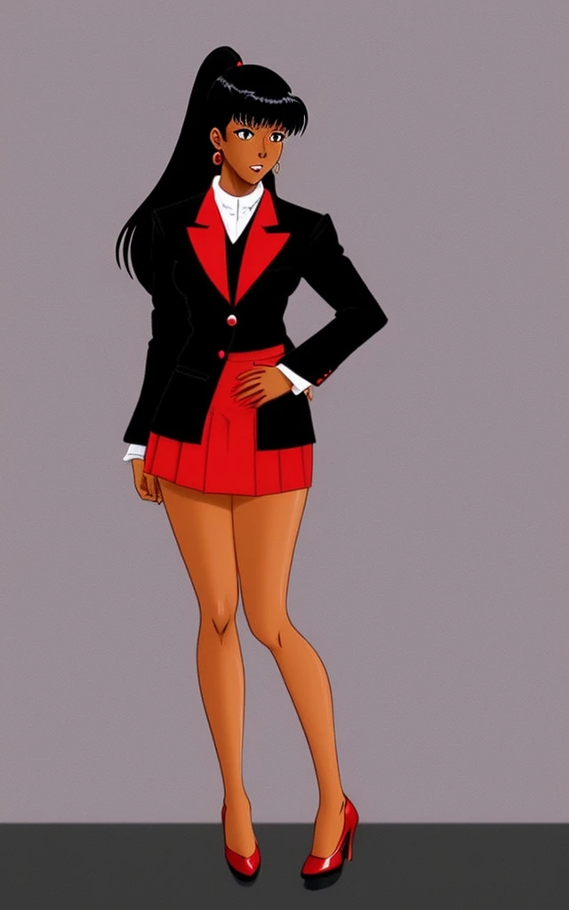90s anime black skinned business woman in a red skirt and red blazer suit full body