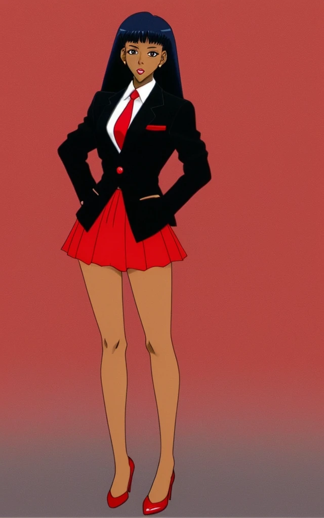 90s anime black skinned business woman in a red skirt and red blazer suit full body