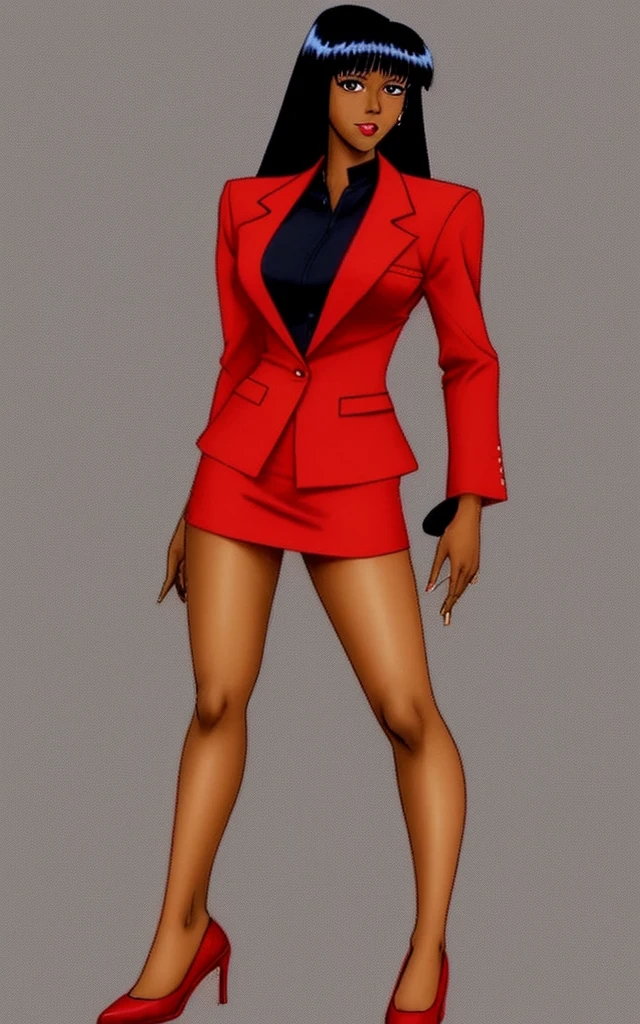 90s anime  black skinned business woman in a red skirt and red blazer suit full body   