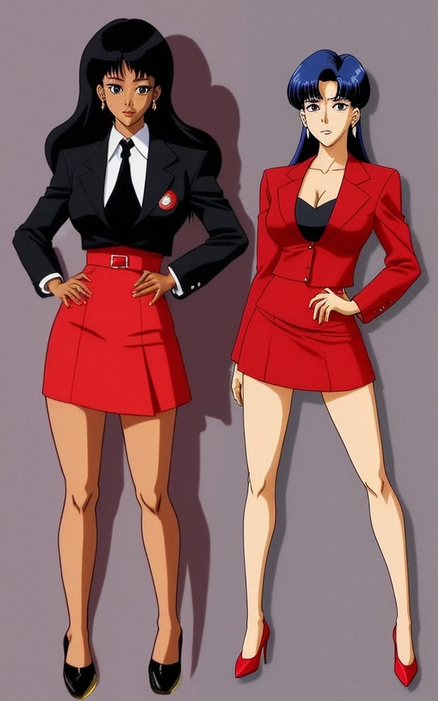 90s anime  black skinned business woman in a red skirt and red blazer suit full body   