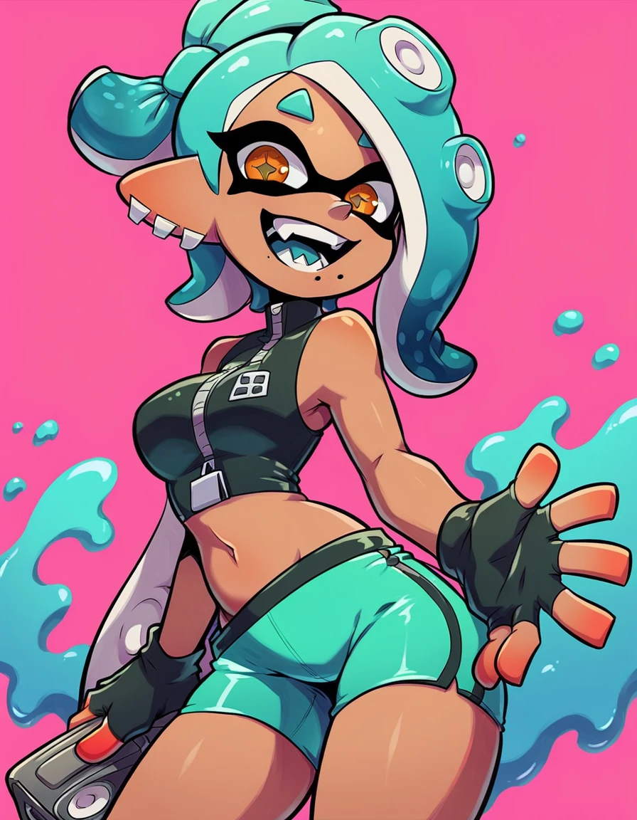((Agent 3 Splatoon)), inkling, turquoise hair, (very very big tits), (large transero), tight short shorts highlighting her private part, SMILE, (looking straight ahead at the viewer), (orange eyes),