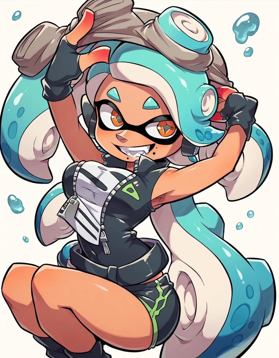 ((Agent 3 Splatoon)), inkling, turquoise hair, (very very big tits), (large transero), tight short shorts highlighting her private part, SMILE, (looking straight ahead at the viewer), (orange eyes),