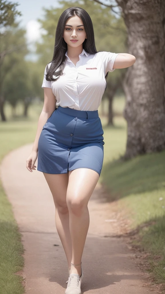 1girl, (Indonesian_high_school_uniform), distance from audience, detailed face, detailed eyes, thick huge breasts, detailed skin, smooth eyebrows, looking at Viewer, clear light, (8k, RAW photo, best quality, masterpiece: 1.4), (realistic, realistic: 1.37), ultra-high resolution, photorealistic, high resolution, solo, wide muscular hips, realistic face, (detailed face), sexy pose, black hair Color, view from below, (busty), clean armpit, six pack belly, large breasts, full body angle, 19-years-old-girl, perfect thighs, muscular thighs, muscular arms, standing in the middle of park, wearing blue grey sexy short skirt, wearing tight closed-button shirt, asian goddess, long hair, straight hairstyle, muscular belly, thick wide muscular hips, muscular arm, full body view, curvy body, tall body, smooth body, smooth legs, smooth skin