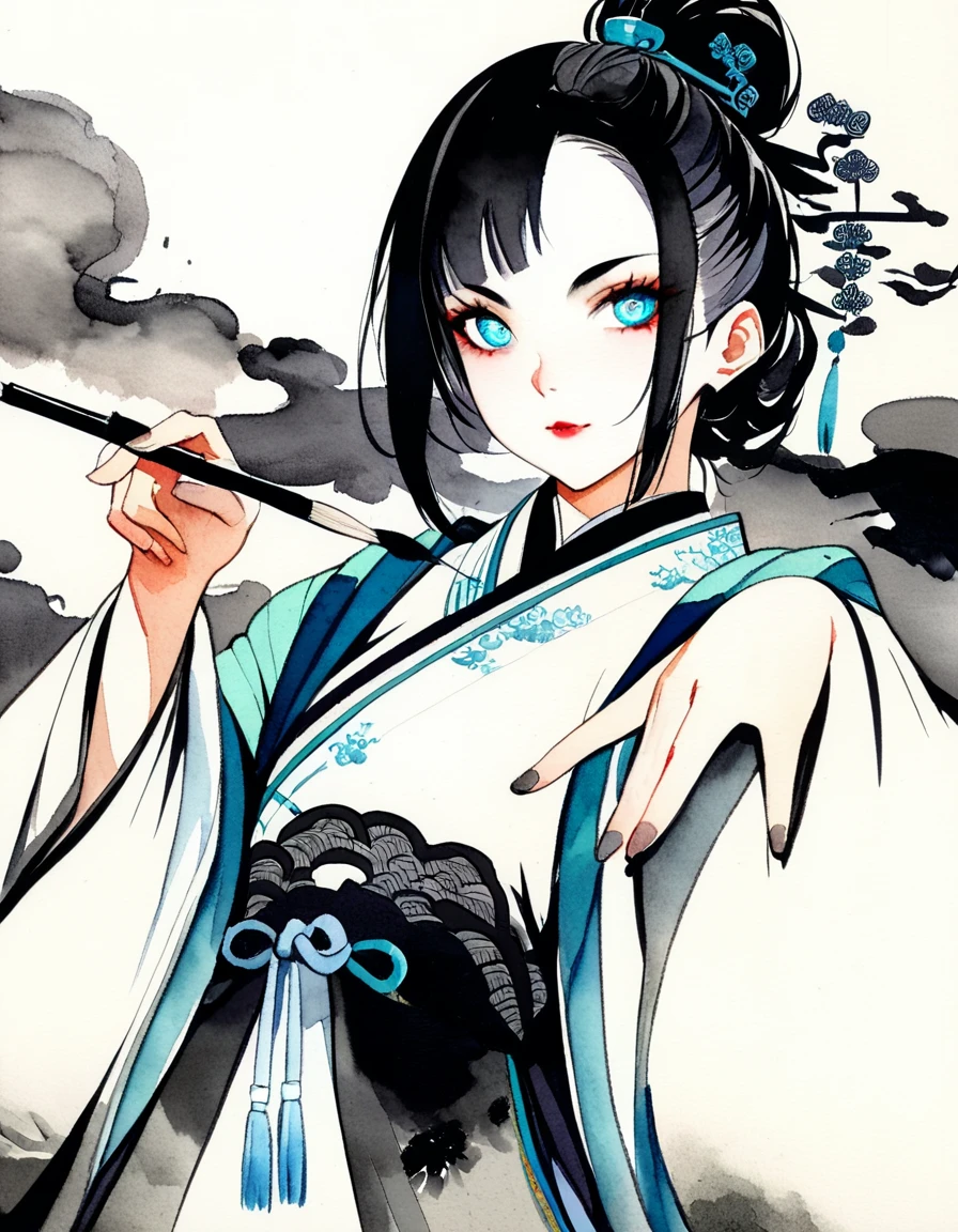 (((((((Chinese ink painting，watercolor paiting，ancient chinese costume,)))))))，((1lady,adorable korean mix Saudi Arabia girl,lean face，独奏,))(Masterpiece,Best quality, offcial art, Beautiful and aesthetic:1.2),((Ultra-high resolution,Golden ratio,)) (16K),((from below，detailed background,chinese style paintings)),(Physically-based rendering),Amazing,Sharp focus, (((highdetailskin,))),Intricately detailed clothing,Lying silkworm eyebrows，Delicate pupils，Danfeng eyes,((((detailed hair,middle hair|Shaggy cut|Long bold side bangs|Sleek pixie cut|Voluminous updo|Undercut)))),slender,(masterpiece sidelighting),(The sheen),(beautiful hair,beautiful eyes,）[[Delicate fingers and hands:0.55]::0.85],(Detail fingers),(((Superior quality,)))),((unbelievable Ridiculous,)),((extremely_Detailed_eyes_and_face)),Movie girl,(Dynamic configuration: 1.2),Brilliant,Glossy