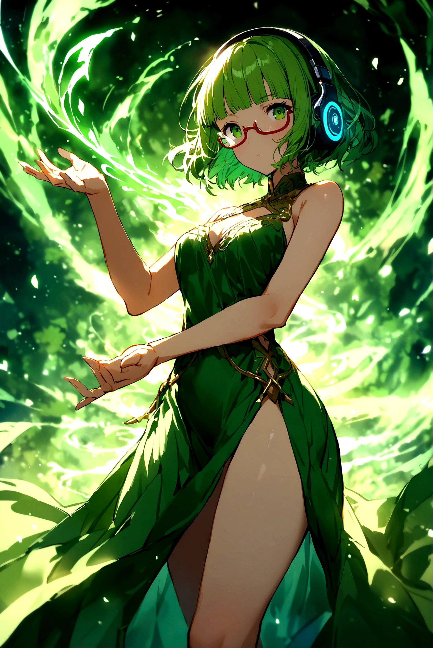 (extremely detailed fine touch:1.3), solo, (((semi-rimless eyewear:1.3))), (headphone:1.2), short hair, blunt bangs,bare arms,1 girl, green robe, standing, one hand up, 
A female archmage who thrusts her hand into the sky and releases a great spell of swirling green wind, Motion-blur back ground,
