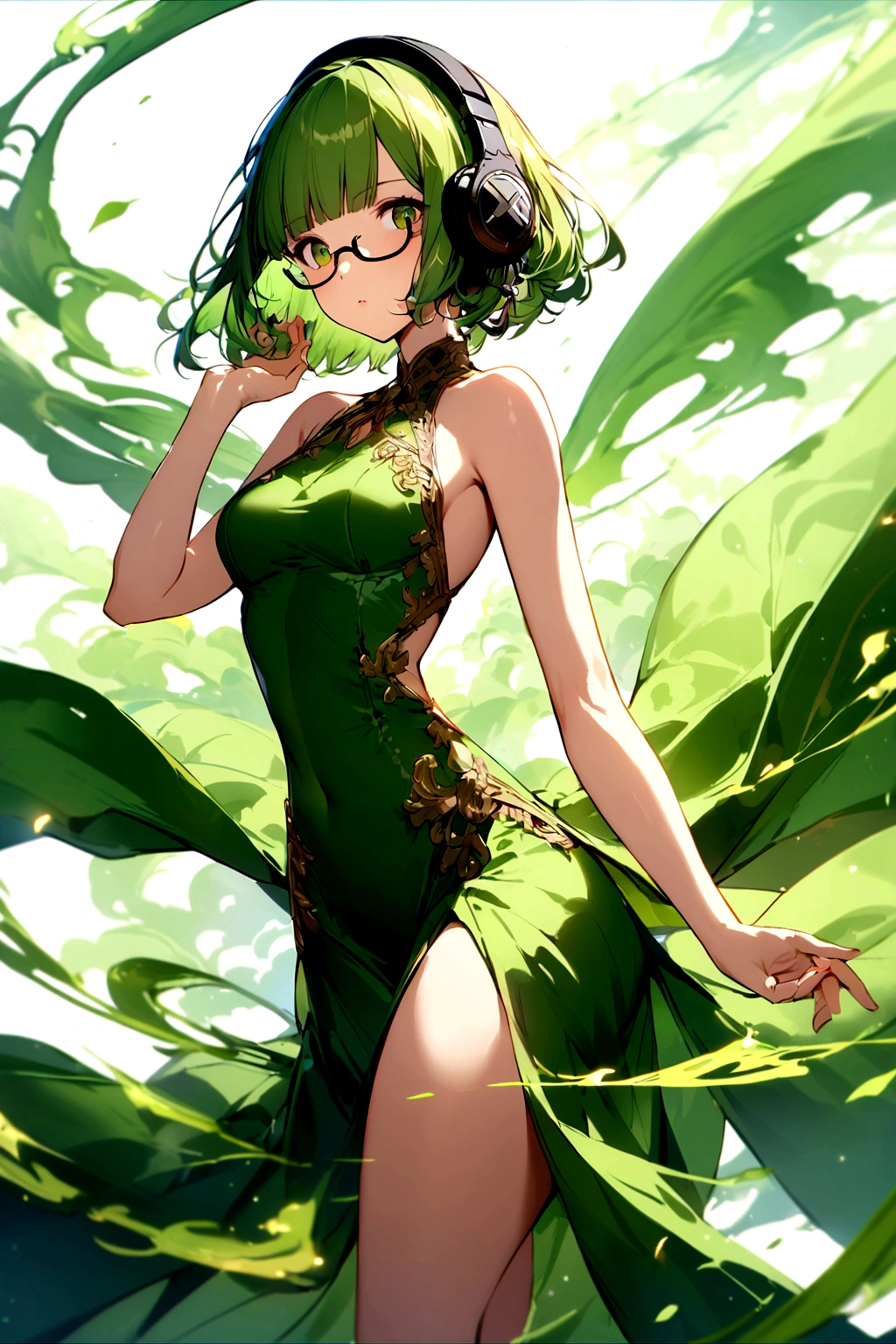 (extremely detailed fine touch:1.3), solo, (((semi-rimless eyewear:1.3))), (headphone:1.2), short hair, blunt bangs,bare arms,1 girl, green robe, standing, one hand up,
A female archmage who thrusts her hand into the sky and releases a great spell of swirling green wind, Motion-blur back ground,