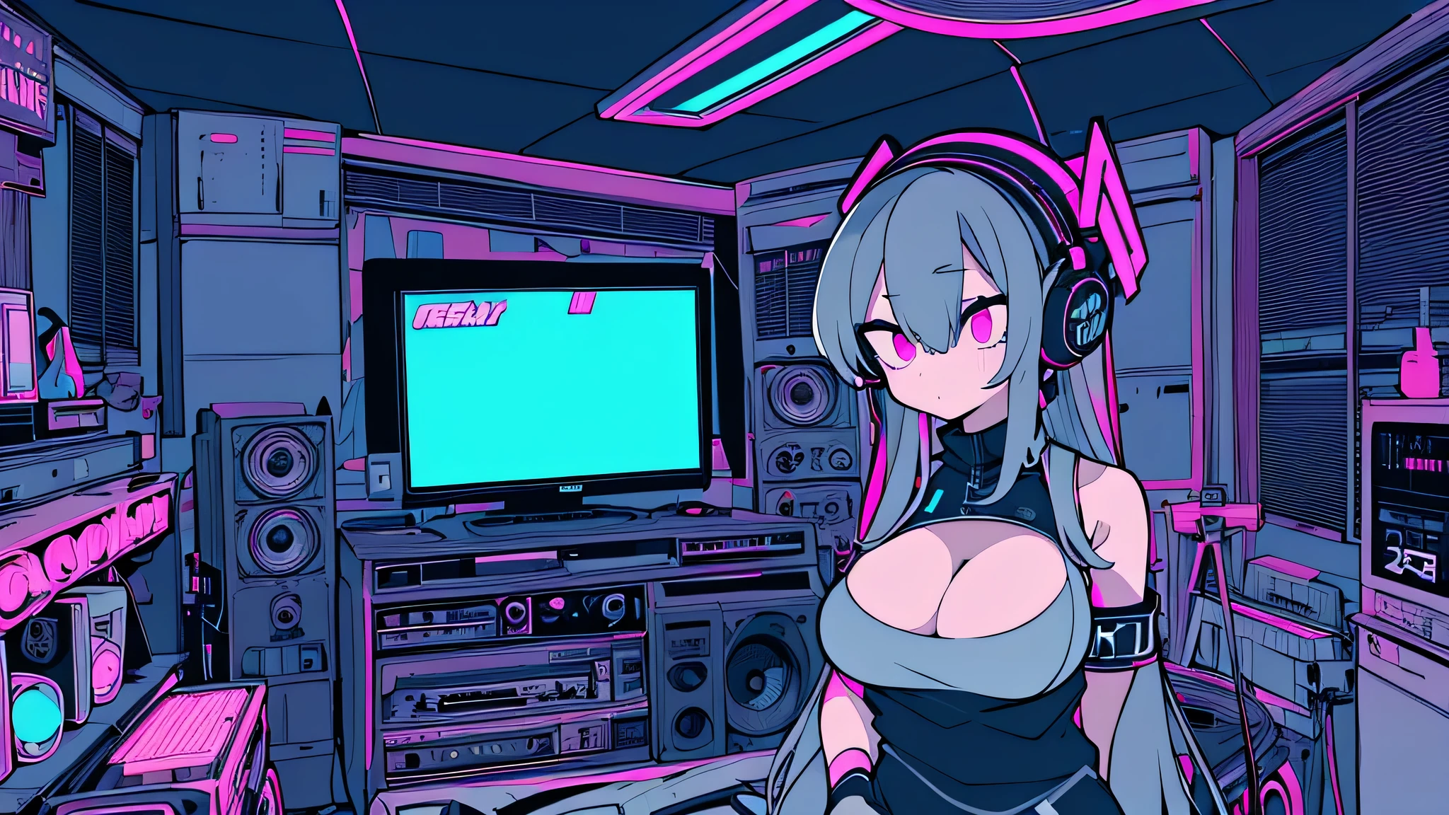 Best quality, (masterpiece), best detail face,1 girl, big breasts, 18 yo, 8k,absurdres,unity 8k wall paper,(extremely detailed:1.3), highest realistic, (retro headphones:), (soft neon light:), (psychedelic), Her room full of music equipment and records, sports wear , See the whole room , dark grey color pallet