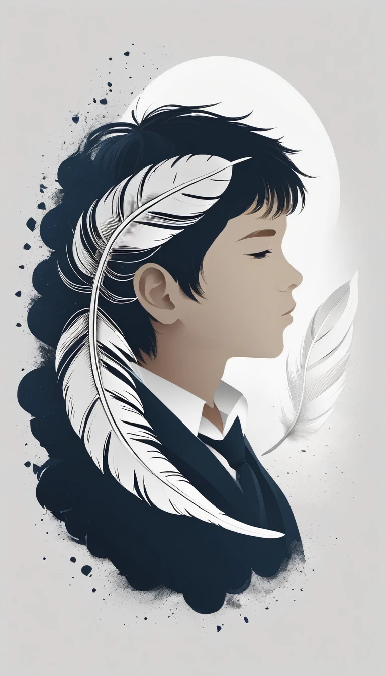 Create a minimal, modern, simple, inspirational, memorable, dream like logo design of a boy and a feather for the brand “Penamemoria".