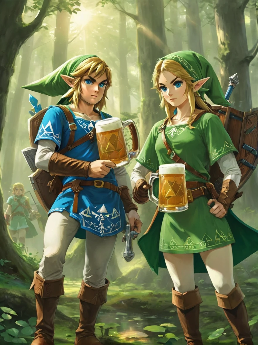 Still image in realistic art style，(link:1.5)，The Triforce of the Gods, The Legend of Zelda Characters, (Male and female)Wearing various The Legend of Zelda game culture costumes，They hold beer mugs，Gathering in an ancient forest，There is food and drinks，Celebrate St. Patrick&#39;s Day，(Shamrock)，Perfect hands，Shooting from above，at night，Shallow depth of field，Vignette，Highly detailed，High Budget，Bokeh，Widescreen，epic，gorgeous，Film Grain，Graininess, tphrlnk