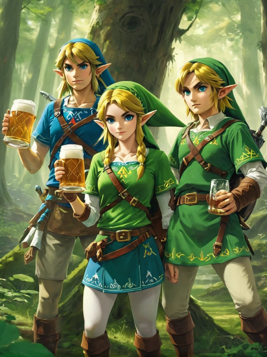 Still image in realistic art style，(link:1.5)，The Triforce of the Gods, The Legend of Zelda Characters, (Male and female)Wearing various The Legend of Zelda game culture costumes，They hold beer mugs，Gathering in an ancient forest，There is food and drinks，Celebrate St. Patrick&#39;s Day，(Shamrock)，Perfect hands，Shooting from above，at night，Shallow depth of field，Vignette，Highly detailed，High Budget，Bokeh，Widescreen，epic，gorgeous，Film Grain，Graininess, tphrlnk