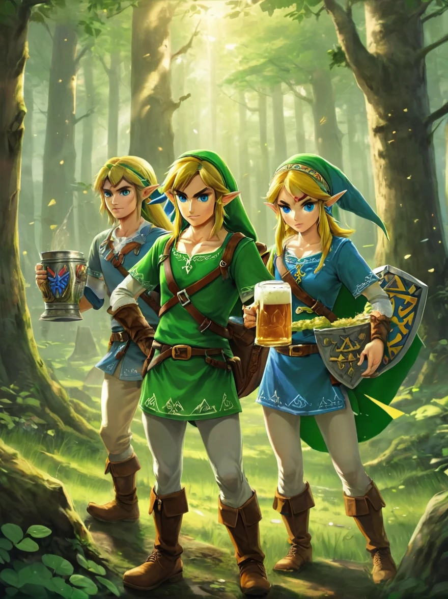 Still image in realistic art style，(link:1.5)，The Triforce of the Gods, The Legend of Zelda Characters, (Male and female)Wearing various The Legend of Zelda game culture costumes，They hold beer mugs，Gathering in an ancient forest，There is food and drinks，Celebrate St. Patrick&#39;s Day，(Shamrock)，Perfect hands，Shooting from above，at night，Shallow depth of field，Vignette，Highly detailed，High Budget，Bokeh，Widescreen，epic，gorgeous，Film Grain，Graininess, tphrlnk