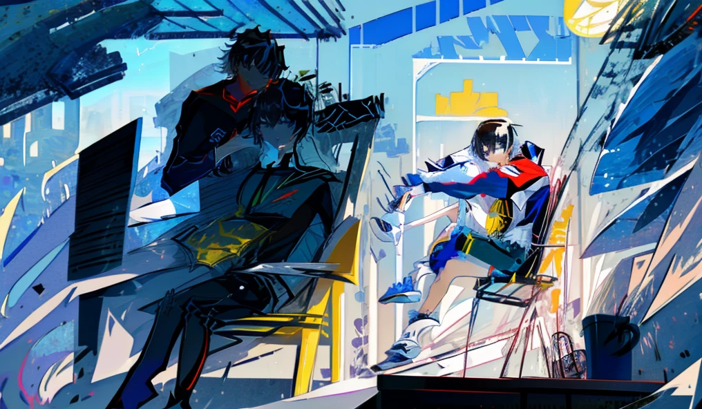 ((absurdres)), hd, uhd, (((HDR))), ((best quality)), (ultra high quality), (hi-res), ((1boy)), solo, alone, ((adult, man)), charlemagne\(fate\), charlemagne, black hair, blue eyes, multicolored hair, two-tone hair, pants, smiling, head tilt, sitting, ((hugging own legs)), ((head rest)), facing viewer, ((dynamic)), japan, outside, buildings, neighborhood street, hydrangea, day time, additional lighting, city scenery, hydrangea garden