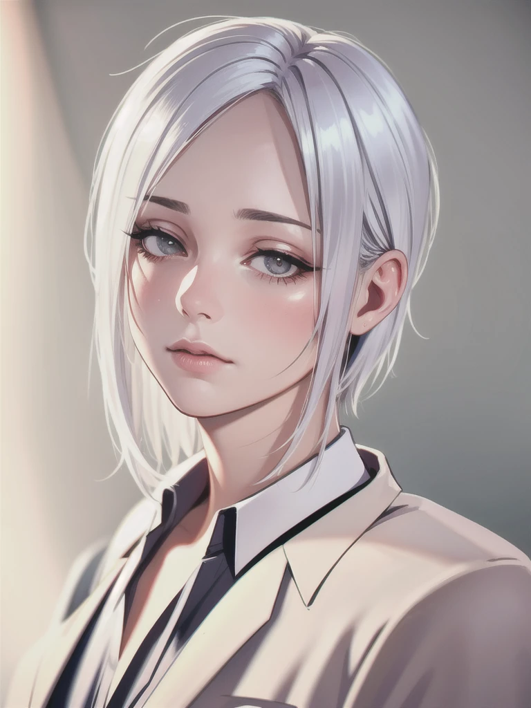 photorealistic portrait of a beautiful european girl, 20 years old, with white hair, a medium sidecut hairstyle, hair covering one eye, sharp focus, wearing a black business suit, looking tired, (best quality,4k,8k,highres,masterpiece:1.2),ultra-detailed,(realistic,photorealistic,photo-realistic:1.37),gorgeous lighting,cinematic composition,chiaroscuro,dramatic shadows