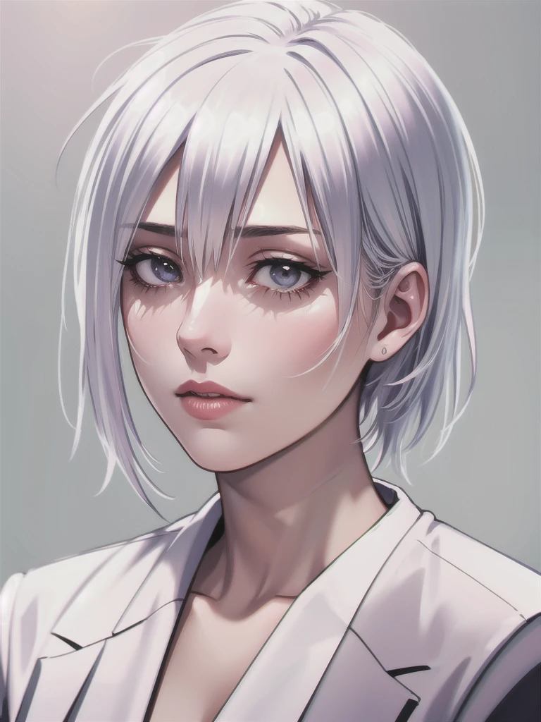 photorealistic portrait of a beautiful european girl, 20 years old, with white hair, a medium sidecut hairstyle, hair covering one eye, sharp focus, wearing a black business suit, looking tired, (best quality,4k,8k,highres,masterpiece:1.2),ultra-detailed,(realistic,photorealistic,photo-realistic:1.37),gorgeous lighting,cinematic composition,chiaroscuro,dramatic shadows
