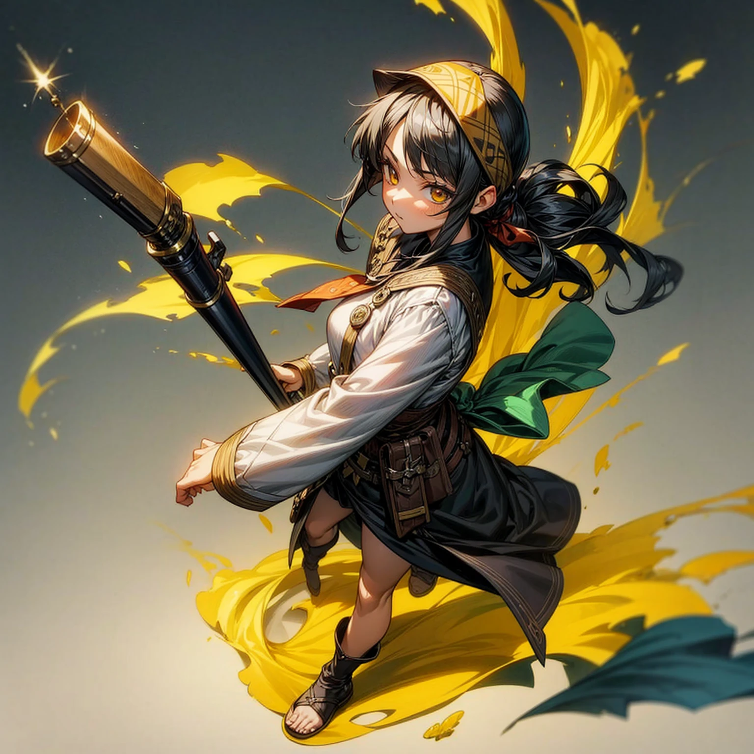 1girl, Full body version, 1character, adult version, gold eyes color, long haircut, black colour hair, bandana, medieval style clothing, shotgun in hand, Grassroots, background in town, motion blur, (Hunter x Hunter style)