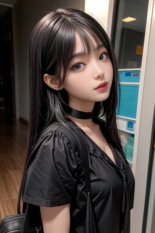 schoolgirl,Black clothes,Fair skin,Long black straight hair,look up,Upper part of the body,HD,masterpiece,16K,Glamorous