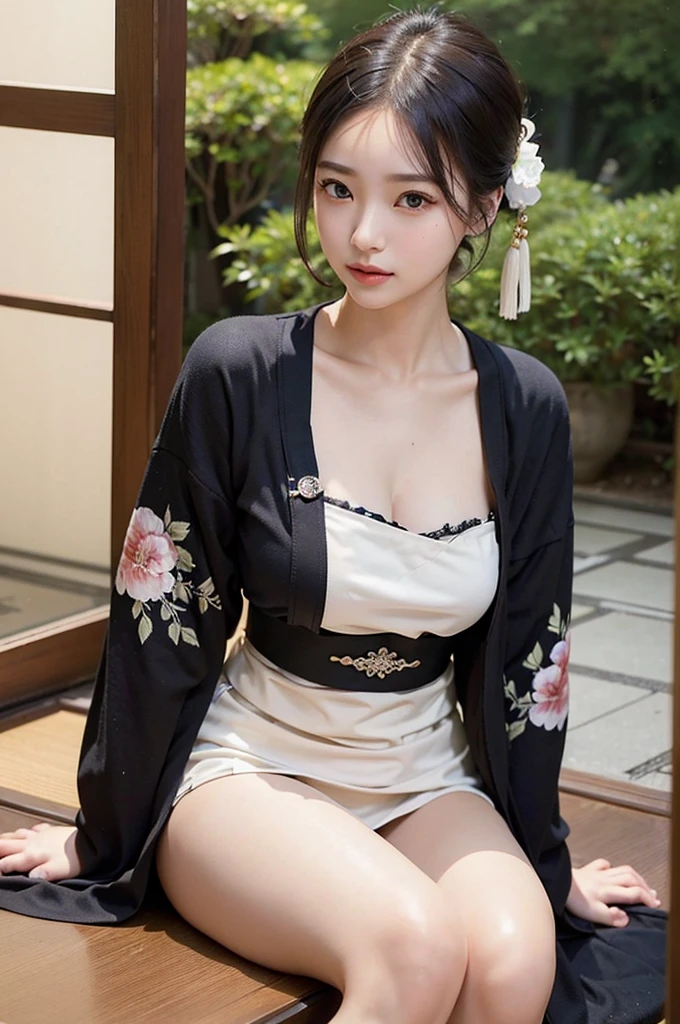 (Photorealsitic:1.4), (Top image quality:1.0), (超A high resolution:1.0), 8K, Raw photography, (​masterpiece:0.2), (pureerosface_v1:0.5)、(Best Quality Detail:1.2)、realisitic、8K UHD、hight resolution、(1girl in:1.2)、The ultra-detailliert、High quality textures、intricate detailes、detaileds、Very detailed CG、High quality shadows、Detail Beautiful delicate face、Detail Beautiful delicate eyes、depth of fields、Ray traching,1girl in, japanaese girl, Cute, slender, Black kimono, Kimono with Japanese pattern,Floral scrunchie, Beautiful skin, Facing the front,Sit down, Sit upright and say thank you,Align your hands elegantly,Smile faintly The Land of Japan,Japanese garden,Luxury Japanese-style room, skyporn, Magic Hour, (Realistic:1.3), Finely detailed, quality, (masutepiece:1.2), (Photorealistic:1.2), (Best Quality), (Intricate details), Dramatic, Ray tracing, photograph, +Lola
