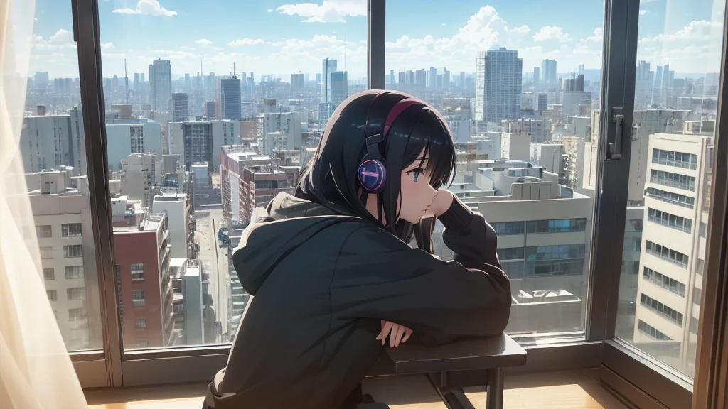 Absurd, Ultra-high resolution, (Official Art, beautifully、mysterious:1.2), Correct human body composition, Striking eyes, Oversized hoodie and short skirt, Shiny black hair, Larger than average bust, Girl listening to music with headphones, Looking out the window, Coffee on the desk, lo-fi girl, Makoto Shinkai and Artgelm, Anime atmosphere, Lofi Art Style, Anime style 8k, Anime Aesthetics, Lo-fi feel, Anime Art Wallpapers 8K, An atmosphere of praise, City Room, Teenage Girl's Room, A room for music lovers, city view from the window, Impressive cityscape, Bright sky