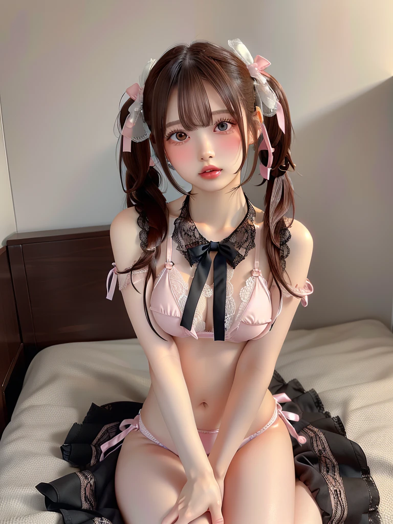((highest quality)),(超A high resolution),(Very detailed),(Detailed Description),((The best CG)),(masterpiece),Very detailedなアート、Small breasts、Whitening 1.5、(((Whitening 1.5)))、Clear skin quality、(((Black and pink lace bikini 1.5)))、Ribbon hair ornament、(((Twin Tail Hairstyle 1.5)))Tying up hair、Glitter Necklace、Ultimate Beauty 1.5、((( 1.5)))、A gentle smile、