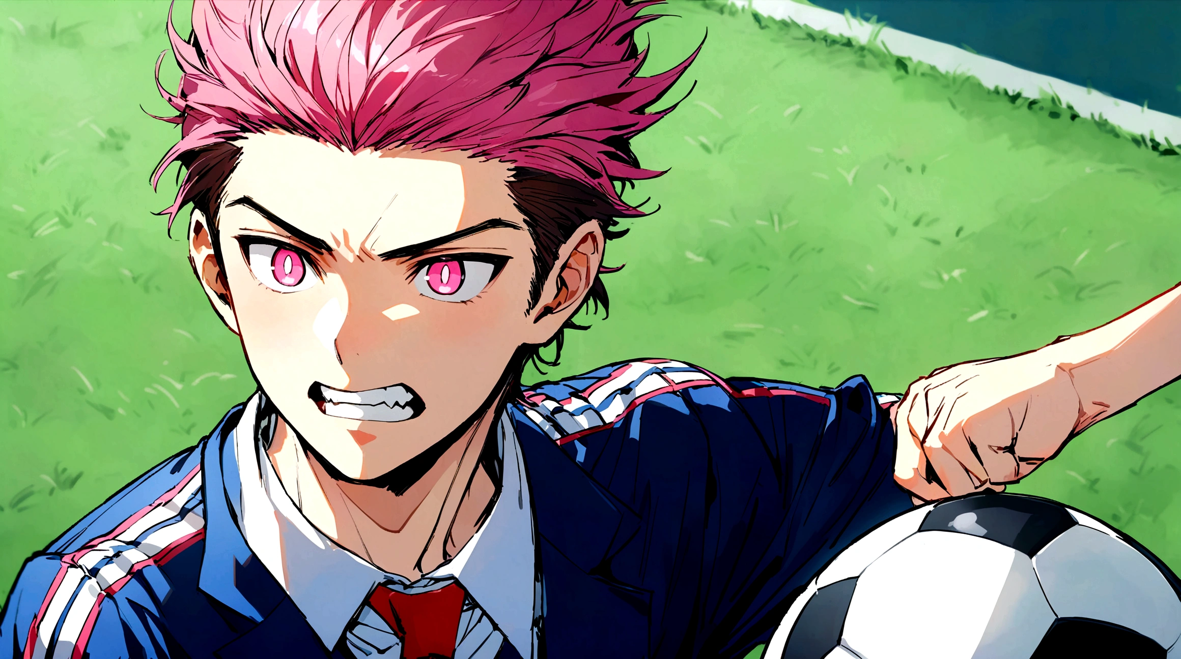 Beautiful youth,One Man,,Upper Body,Jagged teeth,Dark pink hair, The right sideburn is braided,Cat-like narrow pupils,Pink Eyes,black and blue fitted suit,play soccer,