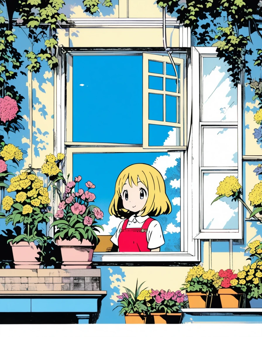 masutepiece,Best Quality,masutepiece,Best Quality,Official art,the Extremely Detailed CG Unity 8K Wallpapers,Slight retro color,riso print style,Illustration,Cute,1girl in,Flowers,Window,flower pots,Eat curry