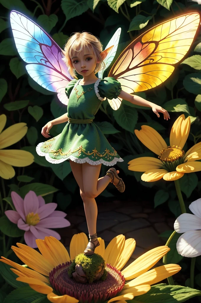 tiny pixie fairy with wings on a giant flower in a garden bright morning sunlight (zrpgstyle) (masterpiece:1.2) (best quality:1.2) (detailed) (intricate) (8k) (HDR) (cinematic lighting) (sharp focus)