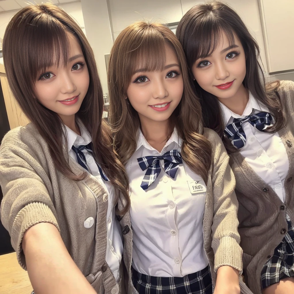 ((Highest quality、Tabletop、、Best image quality))、very saturated、(Group photo of 100 high school girls:1.5)、((Uniform white shirt、Ribbon on chest、Checkered Pleated Skirt))、The happiest smile、The best smile、Smiling with teeth showing、Look at me、(Wavy Hair)、The background is a school classroom、lipstick、Perfect Makeup、Accentuate your body lines、Cleavage、(Accurate anatomy:1.3)、(Perfect Hair:1.2)、(exact cardigan:1.3)