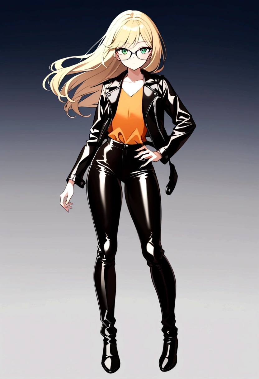 a beautiful girl, with long blonde hair, who wears black glasses, with wide hips, narrow waist, with flat chest, pretty face, with green eyes, 18 years, perfect and glowing skin, wearing flared leather pants and a leather jacket, with an orange blouse, full body.