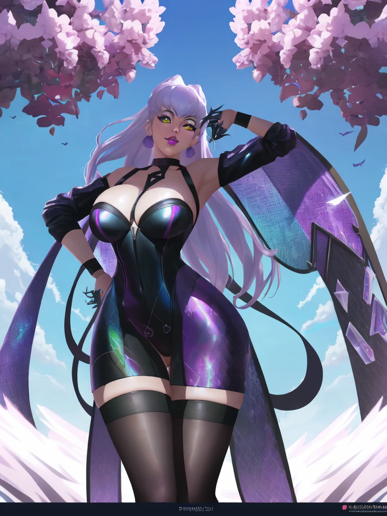 (grass, field, sky:1.5), high detailed, 8k, kda all out evelynn, league of legends, k/da \(league of legends\), 1girl, solo, cowboy shot, makeup, lipstick, eyeshadow, purple lips, jewelry, earrings, yellow eyes, white hair, long hair, claws, looking at viewer, high heels, hand on hip, naked, showing pussy, showing , ahegao, creampie, hentai, mature woman, milf