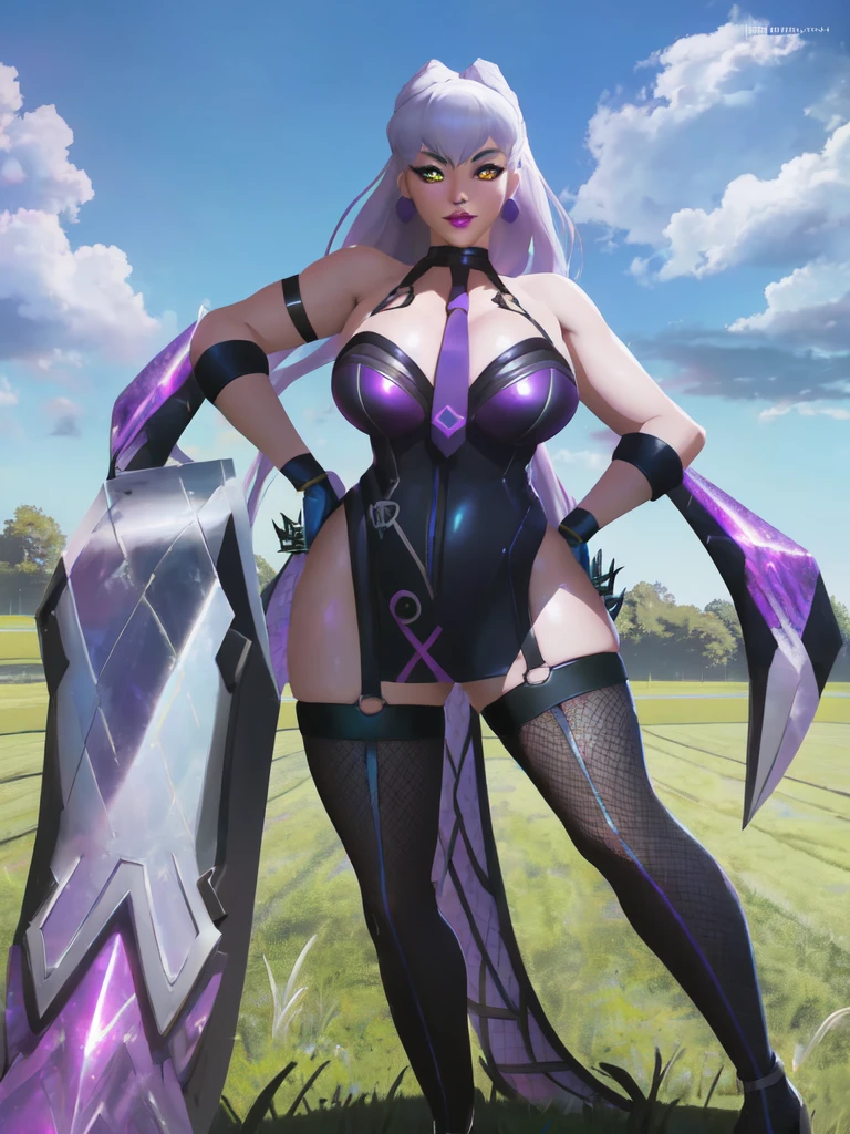 (grass, field, sky:1.5), high detailed, 8k, kda all out evelynn, league of legends, k/da \(league of legends\), 1girl, solo, cowboy shot, makeup, lipstick, eyeshadow, purple lips, jewelry, earrings, yellow eyes, white hair, long hair, claws, looking at viewer, high heels, hand on hip, naked, showing pussy, showing , ahegao, creampie, hentai, mature woman, milf