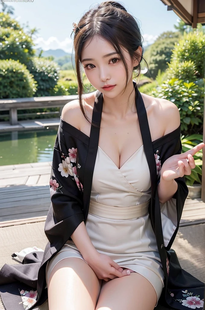 (Photorealsitic:1.4), (Top image quality:1.0), (超A high resolution:1.0), 8K, Raw photography, (masterpiece:0.2), (pureerosface_v1:0.5)、(Best Quality Detail:1.2)、realisitic、8K UHD、hight resolution、(1girl in:1.2)、The ultra-detailliert、High quality textures、intricate detailes、detaileds、Very detailed CG、High quality shadows、Detail Beautiful delicate face、Detail Beautiful delicate eyes、depth of fields、Ray traching,1girl in, japanaese girl, Cute, slender, Black kimono, Kimono with Japanese pattern,Floral scrunchie, Beautiful skin, Facing the front,Sit down, Sit upright and say thank you,Align your hands elegantly,Smile faintly The Land of Japan,Japanese garden,Luxury Japanese-style room, skyporn, Magic Hour, (Realistic:1.3), Finely detailed, quality, (masutepiece:1.2), (Photorealistic:1.2), (Best Quality), (Intricate details), Dramatic, Ray tracing, photograph, +Lola