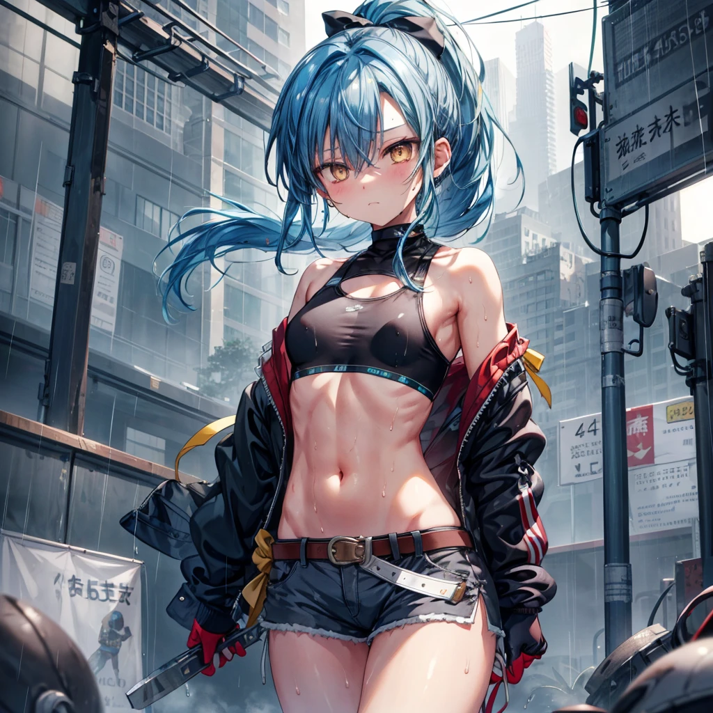 ((Highest quality)), ((masterpiece)), ((detailed)), (4K), a girl with blue hair and a top with short sleeves holding a screw driver, 1girl, 独奏, long hair, blue hair, navel, gloves, shorts, breasts, sweat, wrench, short shorts, very long hair, underwear, panties, holding, belt, arm up, ponytail, small breasts, blurry background, gray sky, rain, looking at viewer, black gloves, white panties, sports bra, wiping sweat, bow, bare shoulders, bangs, cowboy shot, yellow eyes, midriff, hair bow, (expressionless)