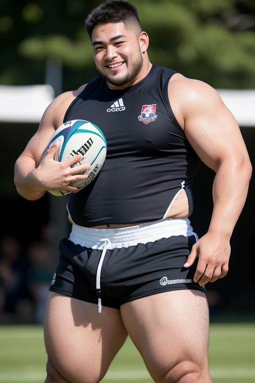 ((highest quality)), ((masterpiece)), (detailed), ((Perfect Face)), 4k, Shaved head, Young Japanese, Muscular, Fat body, Very big man, smile, ((showing off crotch))A large Japanese man topless、whole body、Rugby last week、Thick legs、Thick arm muscles、Intimidating、whole body、wearing a tight black shorts