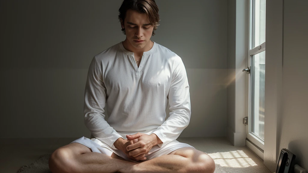 Image of a man wearing white clothing meditating., cinematic lighting, Luminism, 4K, 4K