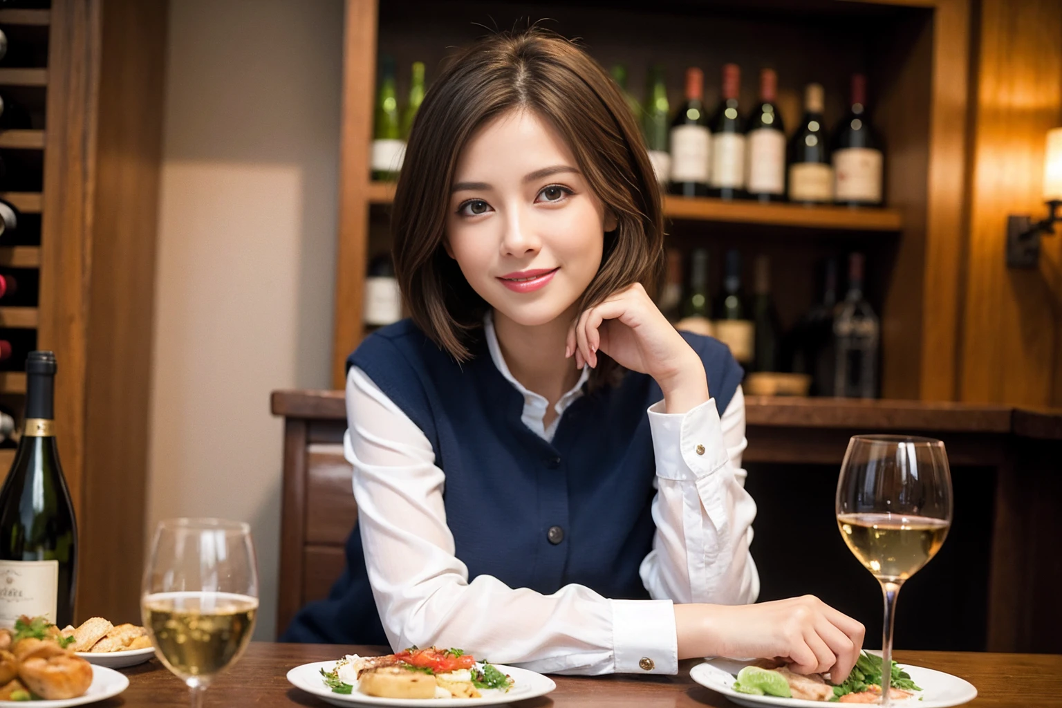((Highest quality、8K、masterpiece:1.3))、cute、slimカップル、modelカップル、(Realistic, Intricate details:1.2), full-course dinner、Wine Party、Amazing view of the sunset sky and clouds、A bright smile、The wonderfulness of smile、Bright image、The beauty of wine, Beautiful Face, blue eyes, The light shines on your face, Blushing, short hair,Bright Face、43 years old), 39 years old, red wine 、Appetizers、Italian food、Wine bottle、Champagne、sparkling wine、Two beauties、Brown Hair、Shortcuts、Long sleeve shirt、dress、Beautiful woman 1, (slimな顔), (The body is slim), (Brown Hair), (Shortcuts), cheeks turn a little red,Attractive beauty、restaurant, In a prominent place (From the waist up) Nova Frog Style, actress, model, Upper Body, White wine, slim, wine glass, 中央に置かれたwine glass, smile, (smile: 1.15), Beautiful fine grain, Depth f/2,saturation, High Contrast, Strong light and shadow,Moist Body:1.5、3D texture、Delicate eyes、Brown Hair、The hair is very shiny、