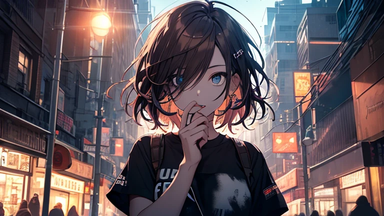 (Highly detailed CG Unity 8k wallpaper), The most beautiful works of art in the world, One Girl, Upper Body,Hair color is dark brown,girl, , Upper leg,Short sleeve, front, (Eyes Wide Open:1.2), midnight,City,Buildings lined up,Apparel Shop, Store Lighting, Brilliant lights,Blue background, Particles of light, Will,punk