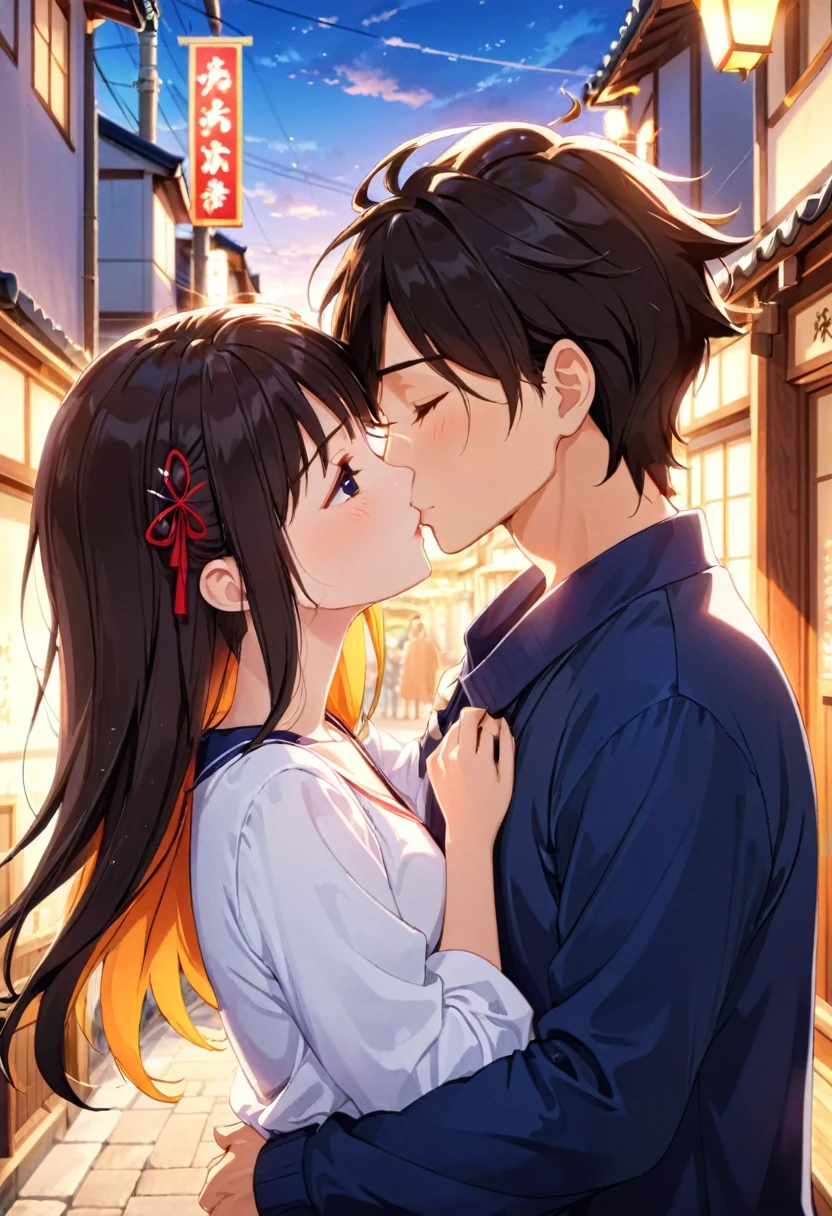 1 couple kissing intimately, romantic couple kissing tenderly, two lovers kissing passionately, embracing couple kissing softly, young couple kissing cutely, intimate kiss between romantic partners, tender kiss between lovers, passionate kiss between two people, lovers' kiss, romantic kiss, intimate kiss, tender kiss, soft kiss, cute kiss, kyoto animation style, anime style, anime screenshot, anime scene, highly detailed, high resolution, 8k, photorealistic, masterpiece, cinematic lighting, warm color palette, vibrant colors