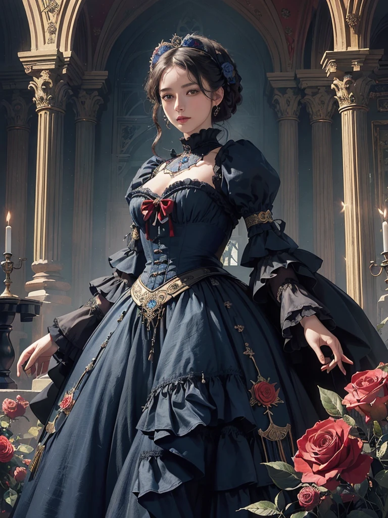 (masterpiece、quality、quality、detailed and complex、official art、aesthetically pleasing:1.3)、(1 woman:1.3)、(Fractal Art:1.3)、very colorful、vivid、victorian era clothing,Royal Blue,Red Rose,Requiem of the Rose,Black Costume,church,Black and Gold