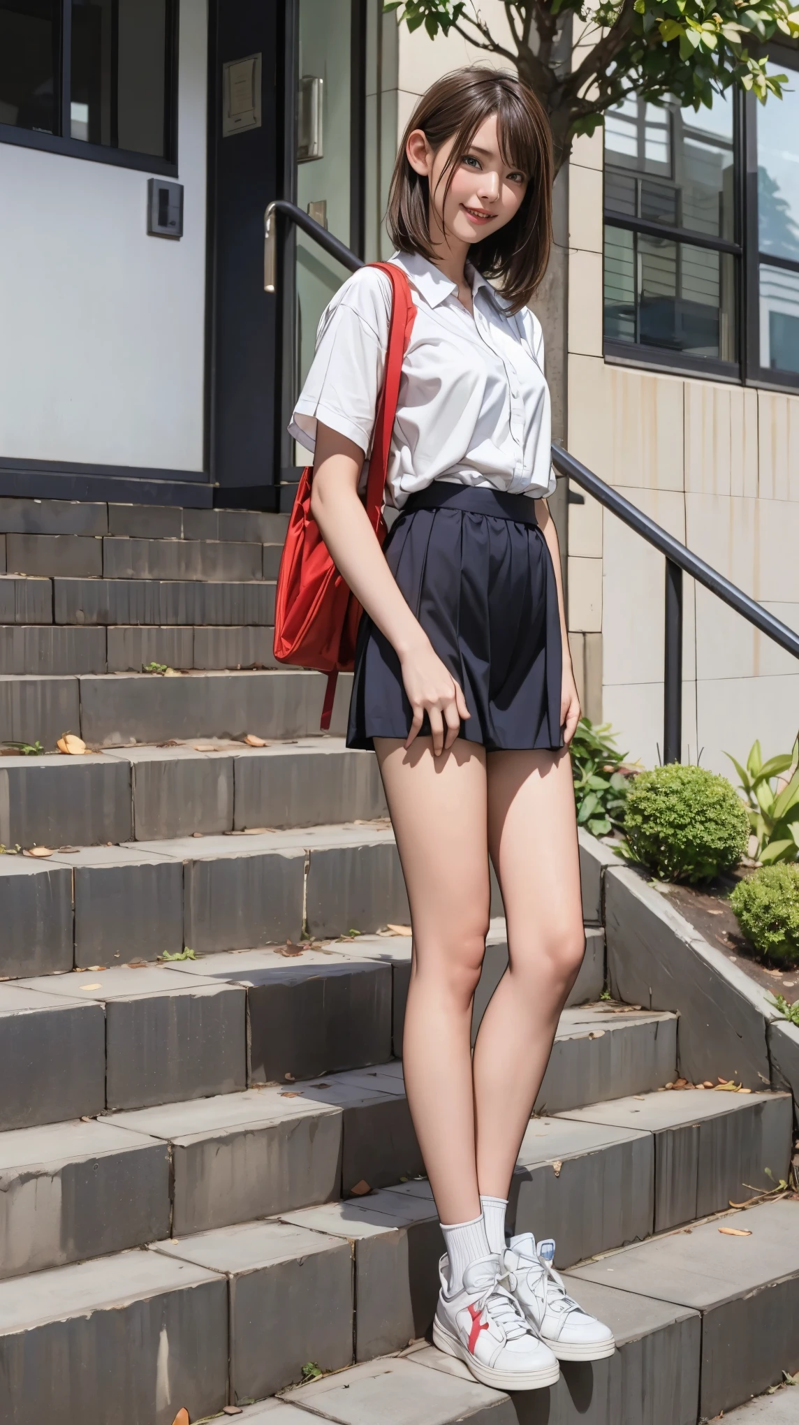 ((masterpiece)),(((Highest quality))),Thin thighs,Long legs,An 18-year-old woman standing on the steps of her school,Japan uniform:1.5,White camellia floral lace bra:1.5,open chest white shirt,The best smile,Short-cut blonde:1.5,short side wave,Wearing stylish sneakers,Spreading her legs