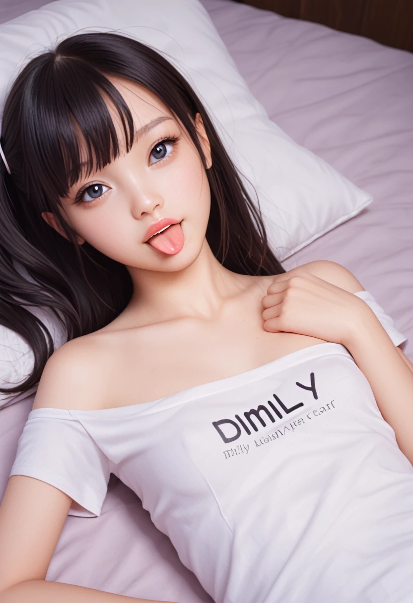 ollarbone,pastel colors t-shirt,off-shoulder look,bare shoulder,midriff peek,string panties,open mouth,(tongue out:2),lying,Hands on your chest,looking ahead,from above,front view,upper body,(1girl,Beautiful 14 year old girl),((Slender,Small breasts,Small face,)),(looking at viewer),Black Hair,bangs,one side up,Beautiful and detailed,(Dimly lit room:1.5),Simple Background,bed,pillow,best quality,Brilliant Quality