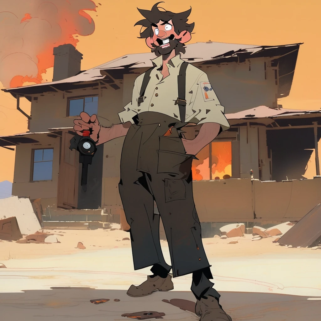 1man, Western, black wavy Messy hair, burnt hair, Leather apron, White button-down shirt, black pants patched, Failed beard, young adult, Thin, full body, Holding a Dynamite bomb, outside a house in the desert, Dirty with soot, Laughing, explosives, dynamite, Hunchback, Poorly groomed beard, failed beard