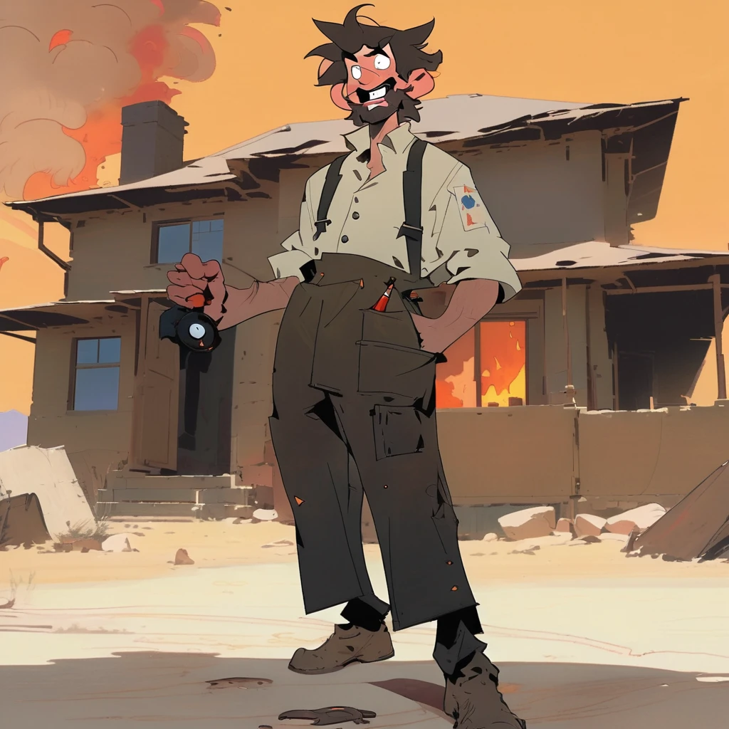 1man, Western, black wavy Messy hair, burnt hair, Leather apron, White button-down shirt, black pants patched, Failed beard, young adult, Thin, full body, Holding a Dynamite bomb, outside a house in the desert, Dirty with soot, Laughing, explosives, dynamite, Hunchback, Poorly groomed beard, failed beard