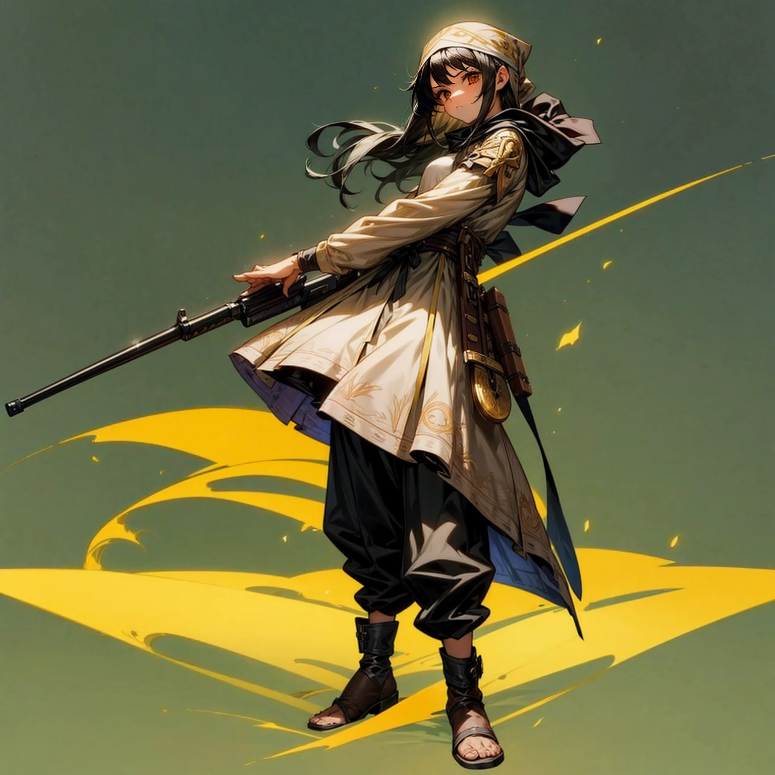 1girl, Full body version, 1character, adult version, gold eyes color, long haircut, black colour hair, bandana, medieval style clothing, shotgun in hand, Grassroots, background in town, motion blur, (Hunter x Hunter style), standing gesture, gun weapon