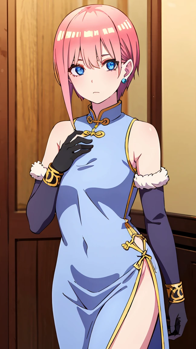 ichikanakano, ichika nakano, short hair, bangs, blue eyes, hair between eyes, pink hair, earrings, BREAK bare shoulders, black gloves, chinese clothes, claw ring, detached sleeves, dress, elbow gloves, frilled sleeves, frills, fur collar, gloves, jewelry, pelvic curtain, sleeveless, sleeveless dress, white dress,
BREAK looking at viewer, full body, (cowboy shot:1.5),
BREAK indoors,
(masterpiece:1.2), best quality, high resolution, unity 8k wallpaper, (illustration:0.8), (beautiful detailed eyes:1.6), extremely detailed face, perfect lighting, extremely detailed CG, (perfect hands, perfect anatomy),