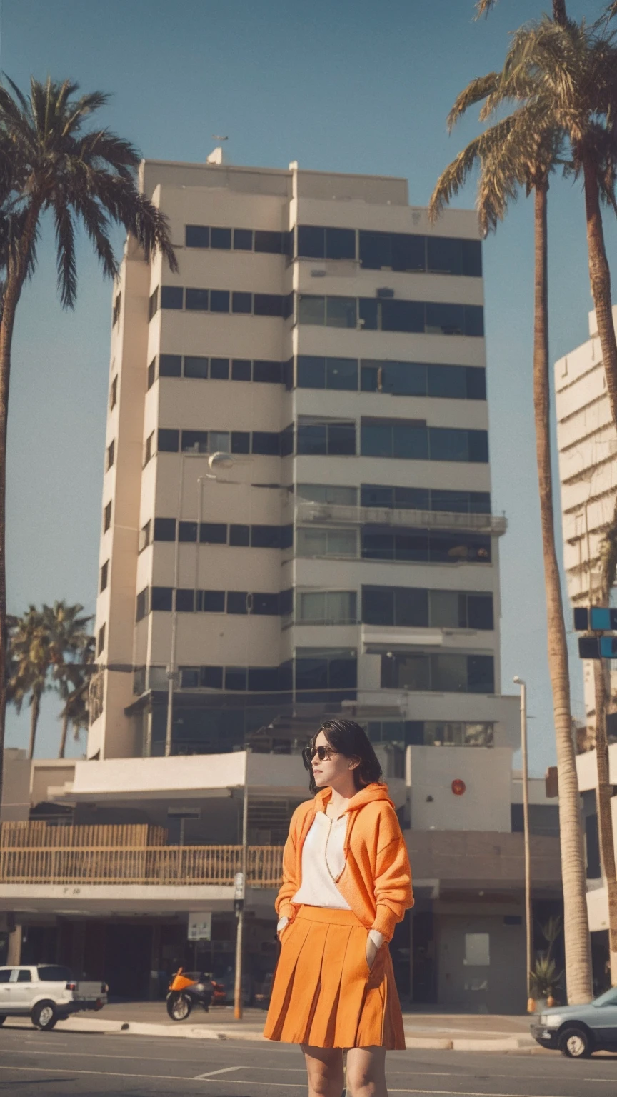 analog film photo cinematic photograph long shot portraits by Wes Anderson, cute 23 yo girl ,fokus, bokeh ,wear ((orange color oversized_hoodie)), wear ((purple tennis skirt)),looking front,Best Quality,Masterpiece,Ultra High Resolution,(Realisticity:1.4),Original Photo, 1Girl, light leak,ultra high resolution,UHD,beautiful, (black bob hair), almond eye, no makeup, in front of (80's mondrian architecture motel), (realistic:1.2), (surreal:1.3), (very detailed:1.1), ((masterpiece)),summer, blue sky, palm trees,sunny, los angles vibes,film camera, 800mm lens,style of Philip Lorca diCorcia