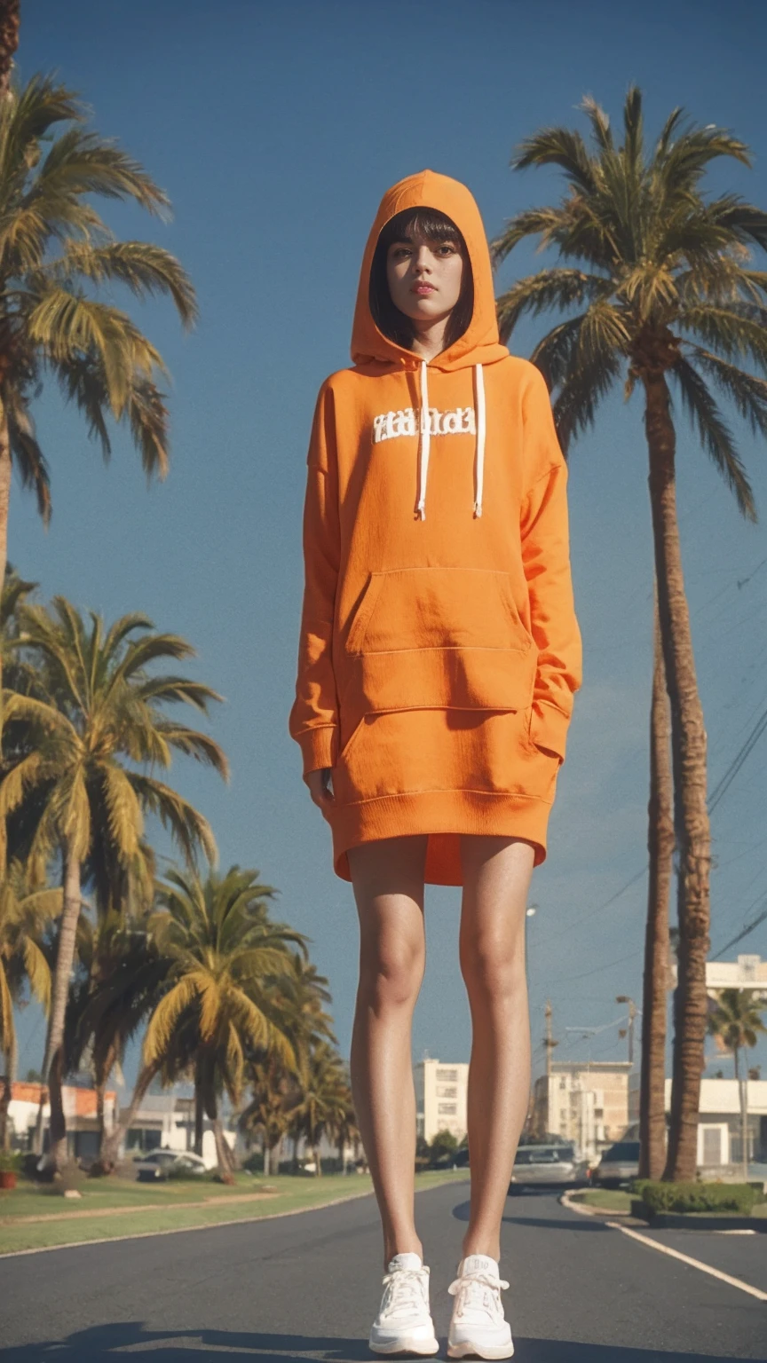 analog film photo cinematic photograph long shot portraits by Wes Anderson, cute 23 yo girl ,fokus, bokeh ,wear ((orange color oversized_hoodie)), wear ((purple tennis skirt)),looking front,Best Quality,Masterpiece,Ultra High Resolution,(Realisticity:1.4),Original Photo, 1Girl, light leak,ultra high resolution,UHD,beautiful, (black bob hair), almond eye, no makeup, in front of (80's mondrian architecture motel), (realistic:1.2), (surreal:1.3), (very detailed:1.1), ((masterpiece)),summer, blue sky, palm trees,sunny, los angles vibes,film camera, 800mm lens,style of Philip Lorca diCorcia