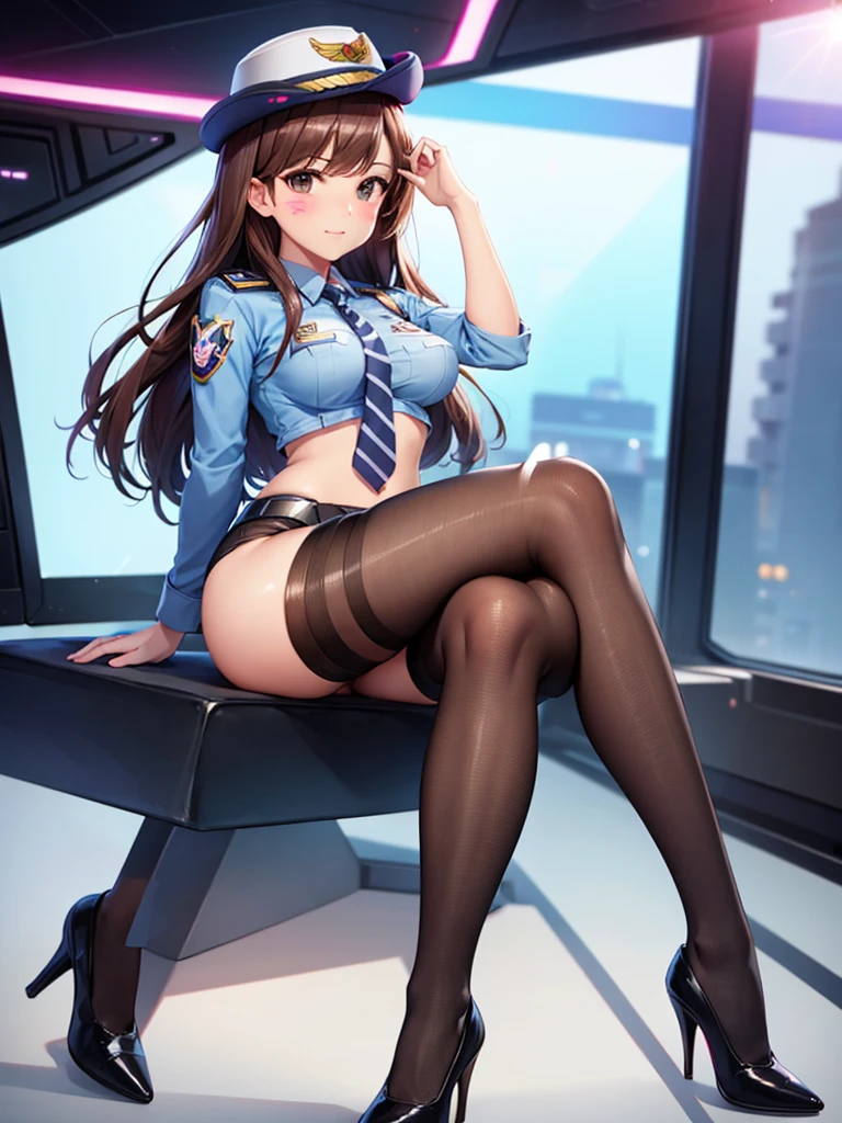 officer dva, solo girl, medium , wide hips, thighs, full body, high heels, sitting, crossed legs