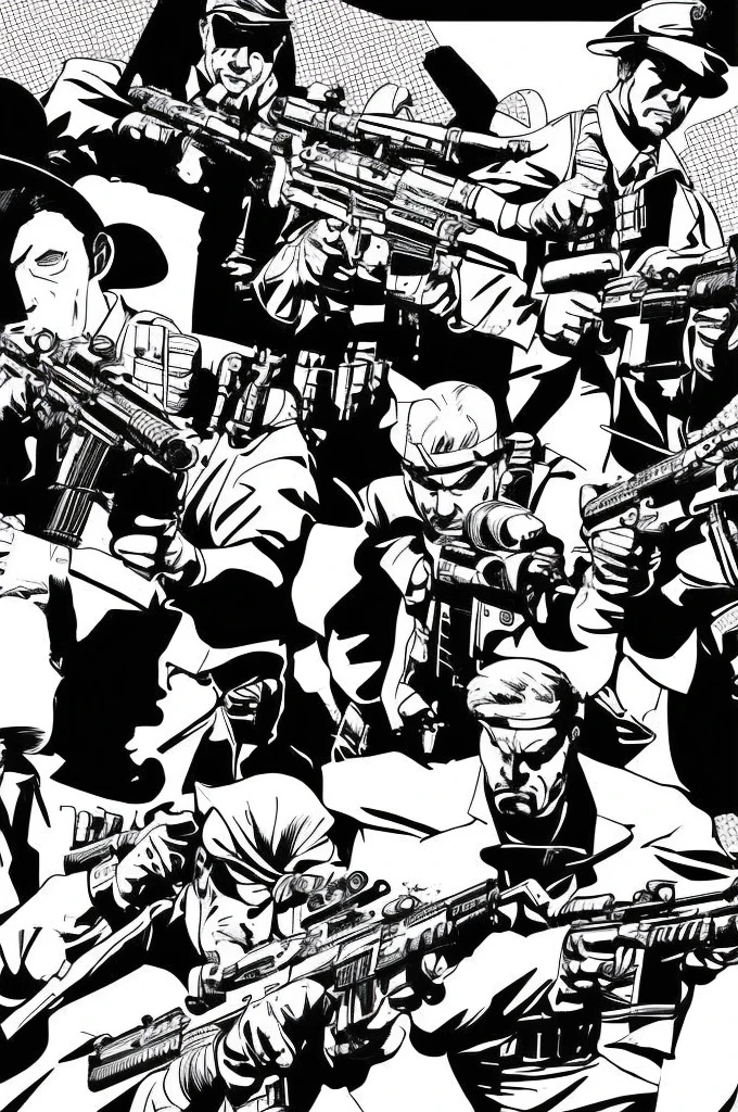 Armed detective black and white image in comics style