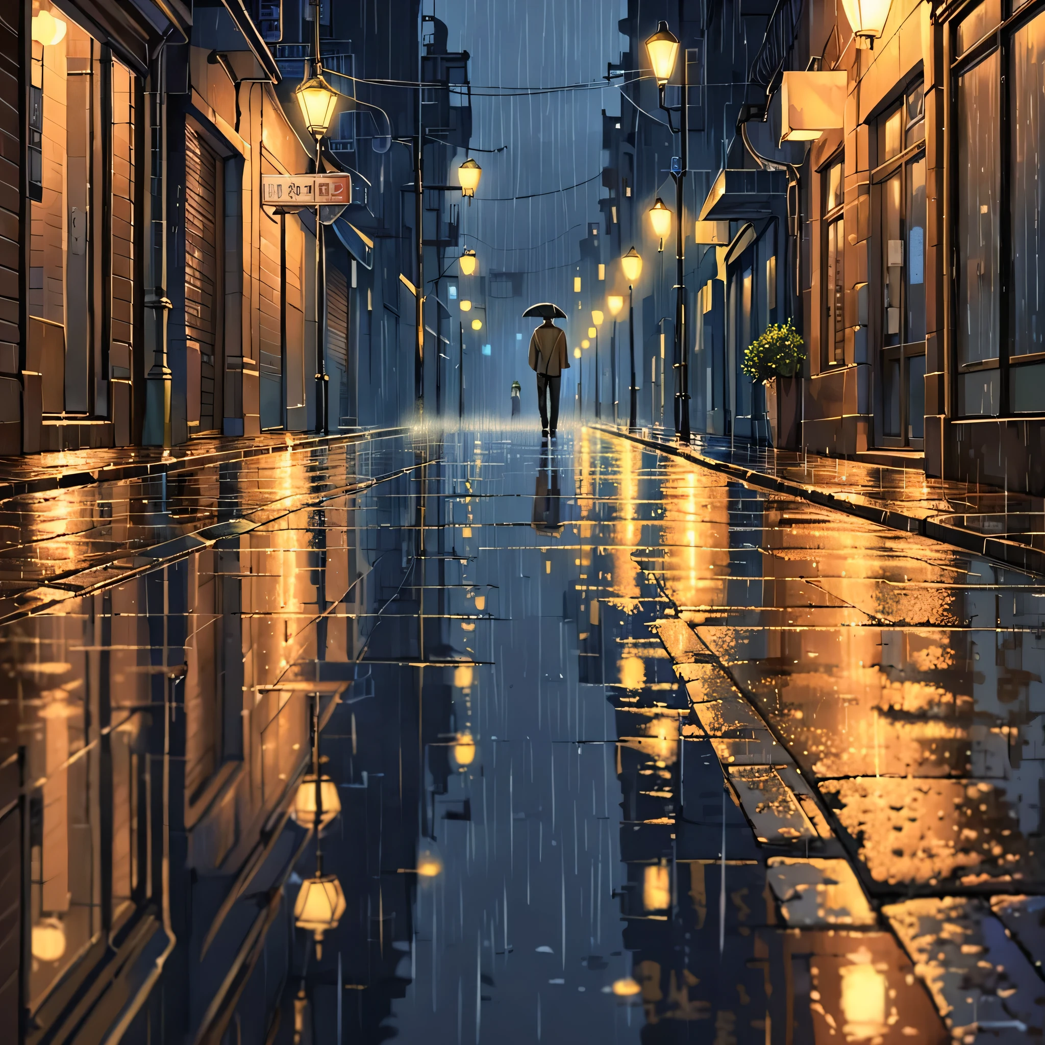 In the night street, raindrops gently patter on the pavement as street lamps cast faint, warm glows. A quiet atmosphere envelops the corners of this city, pierced only by the sounds of rain and occasional passing vehicles. A young man walks alone along the damp street, his pace slow, shoulders dampened by the drizzle. He gazes up at his reflection under the streetlamp, eyes carrying a hint of melancholy and introspection, as if retracing a memory or thought in his heart. Buildings on either side of the street are faintly visible in the night, their outlines sharpened and blurred by the washing rain.